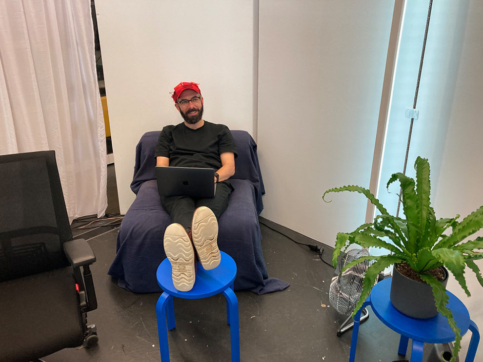 test person at desk in rest area